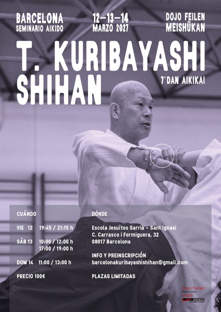 Cartel del IV Seminario de Aikido Barcelona con Takanori Kuribayashi Shihan: 12, 13 y 14 de marzo de 2027